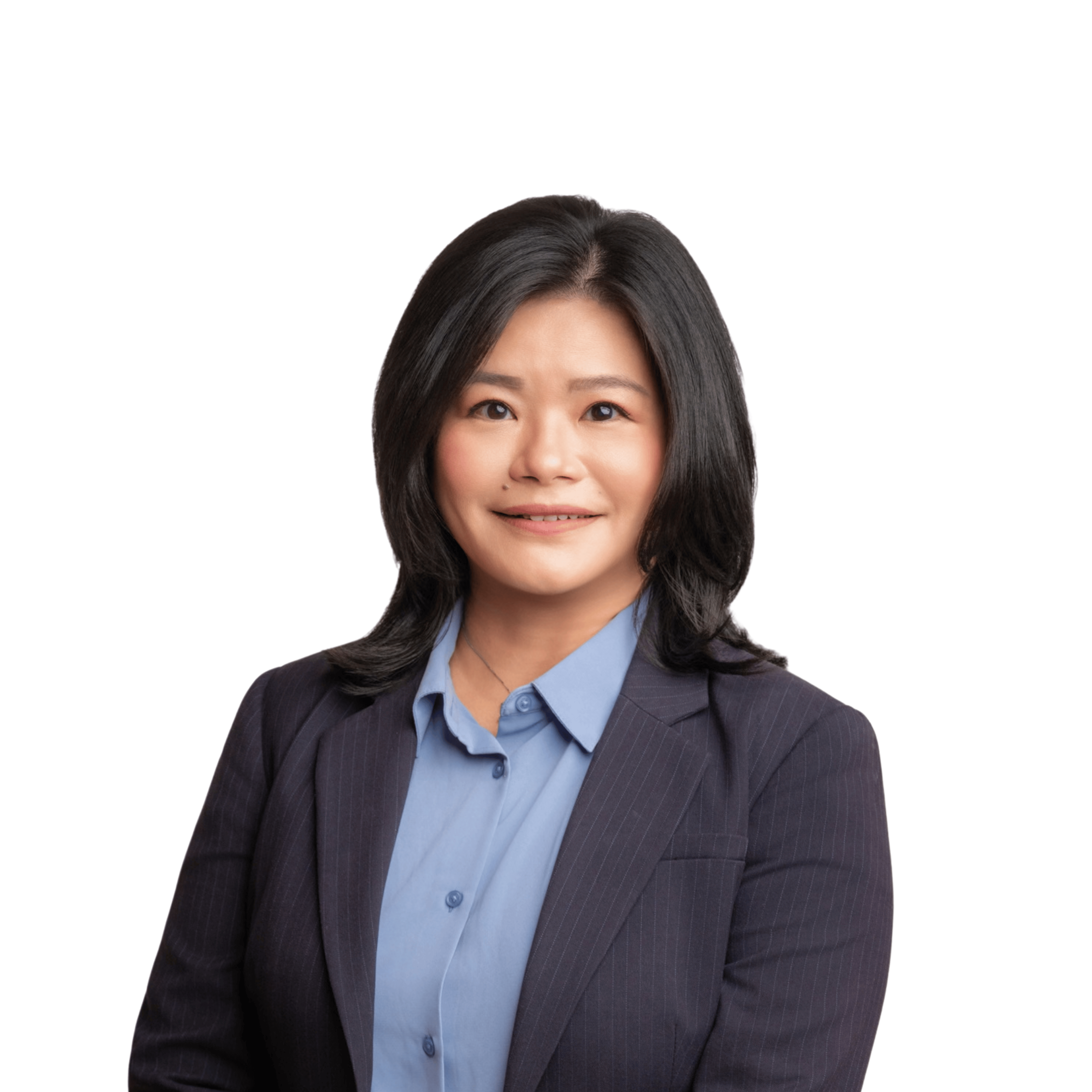Woman in blue top and a black blazer with stripes